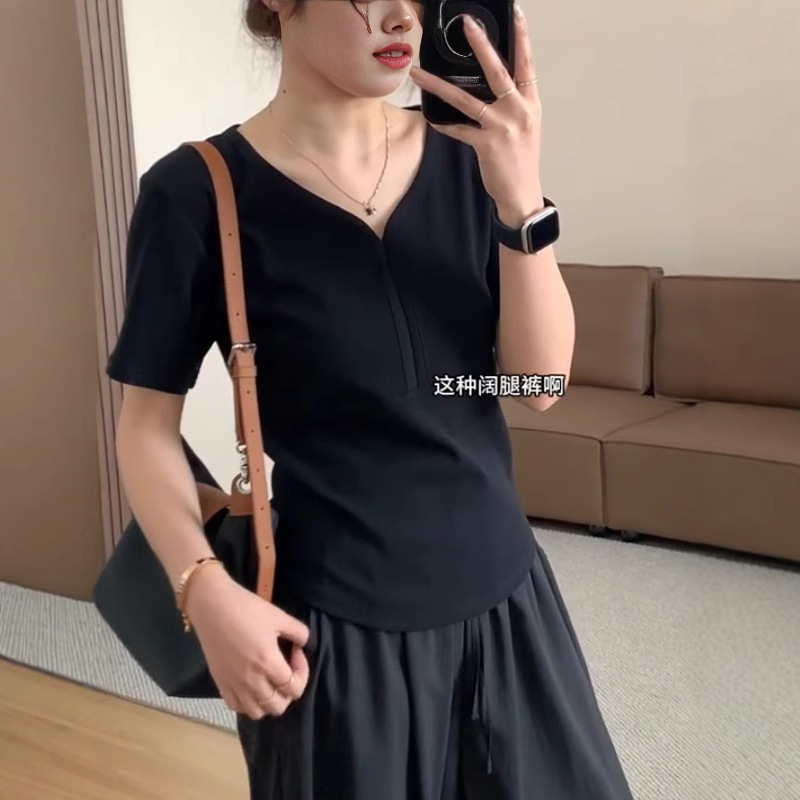 大码不规则v领正肩短袖女t恤夏胖mm遮肚巨显瘦设计感欧货短款上衣|undefined