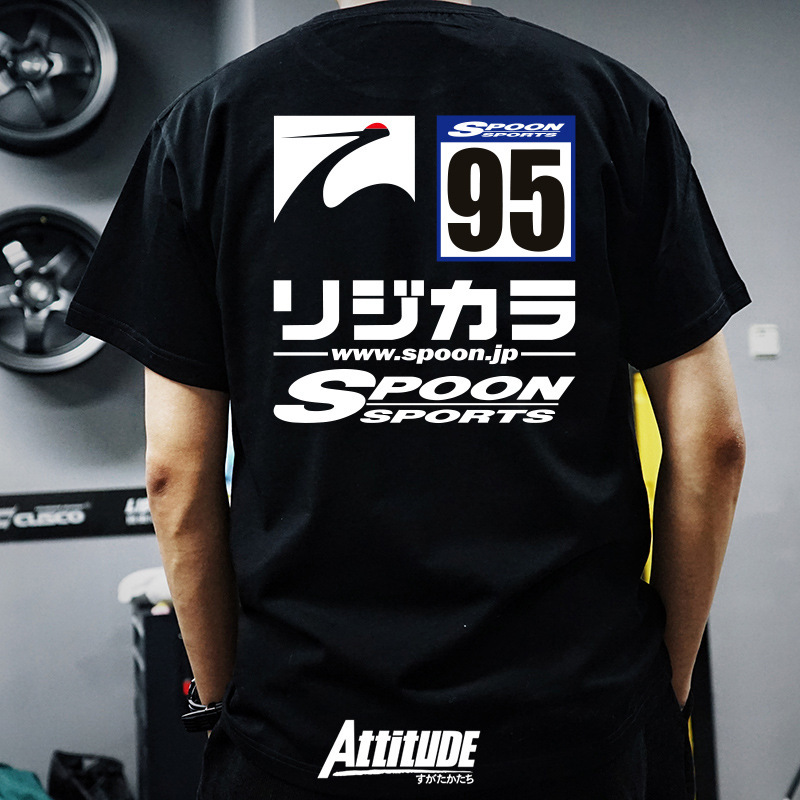 Motorcycle Style Half-Sleeve Japanese Jdm Modified Car Spoon Civic Type R Heavy-Duty 240g Cotton Short-Sleeve T-Shirt