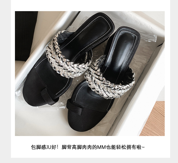 Dép xỏ ngón đế xuồng cao gót đính đá kiểu Pháp, hở mũi, dệt kim, mùa hè — Màu đen chi tiết 7