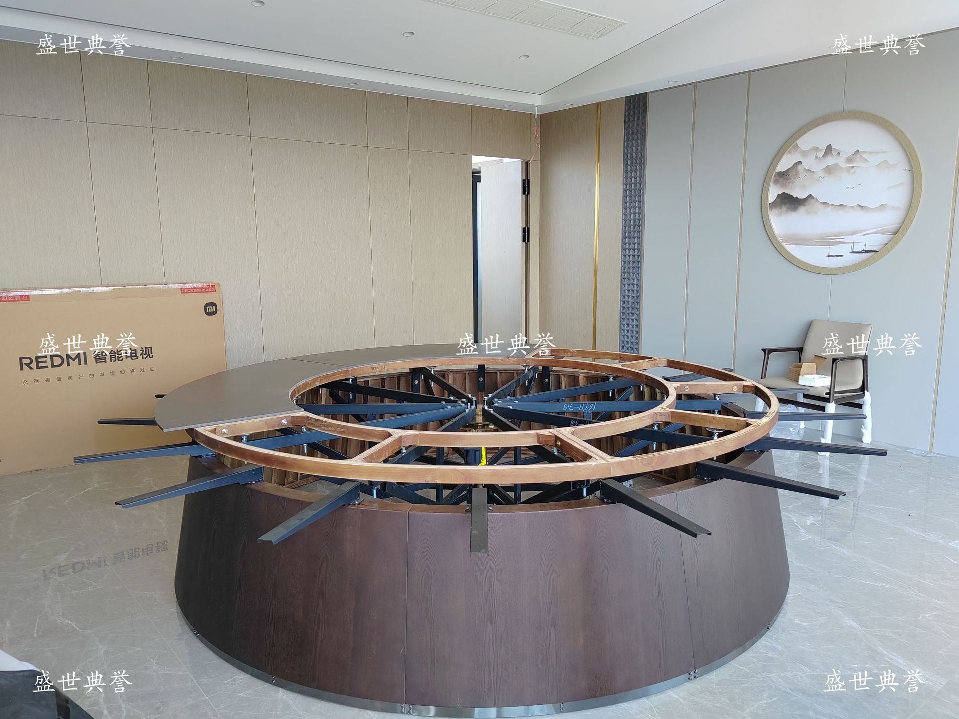 Zaozhuang hotel comedor muebles centro de convenciones caja de madera sólida mesa de comedor eléctrica silla club 20 personas mesa redonda eléctrica grande pic 3