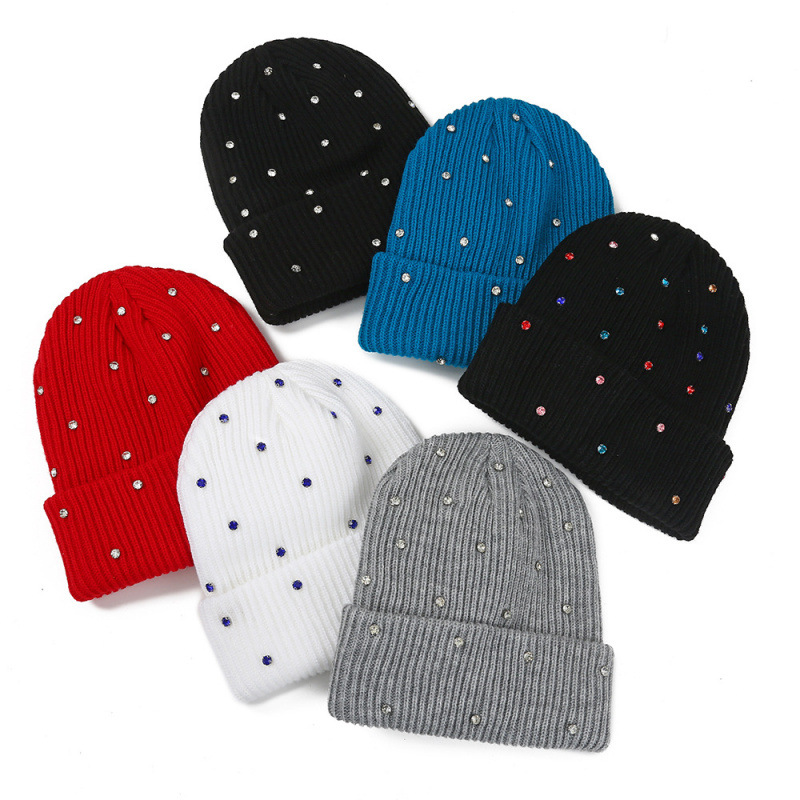 Versatile Ins-Style Rhinestone Rabbit Fur Knit Hat for Women, Fashionable and Elaborate Warm Windproof Pullover Beanie