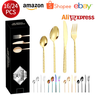 Amazon cross-border 410 stainless steel tableware suit stone pattern knife, fork and spoon 24-piece set Western food 6-person steak knife and fork