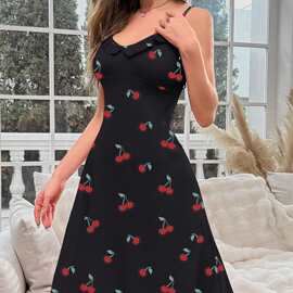 欧美跨境temu速卖通亚马逊新款热销樱桃印花中长款连衣裙ins批发