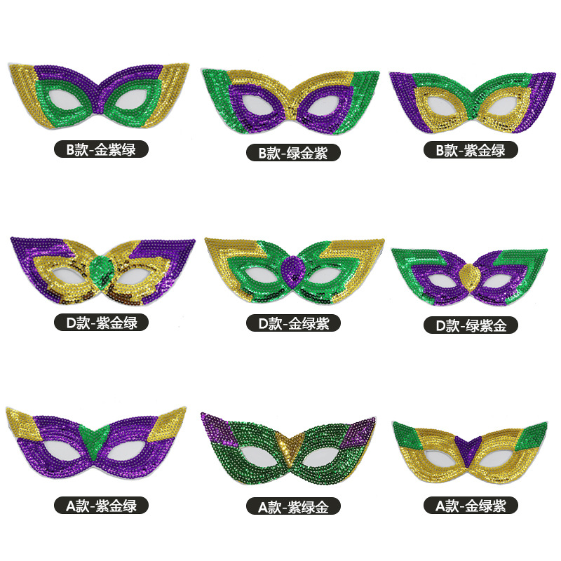 Nuevos productos transfronterizos Mardi Gras set de sequillas oro violeta verde fiesta de baile disfraz de bar espectáculo