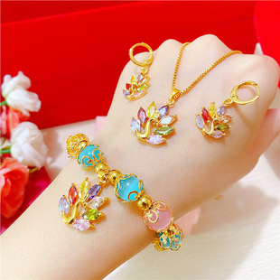 Authentic Vietnamese Sha Gold Fashion Elegant Peacock Three-piece Set suit Women's Ring Necklace Bracelet Gold-plated Jewelry