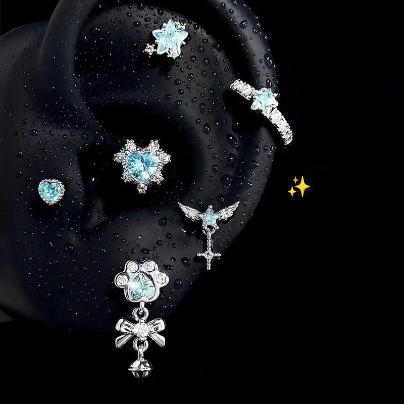 Starfall Little Sleepy Cat Paw Medical Titanium Steel Earrings, Heart Wings Ear Cartilage Studs, Medical Titanium Steel Cochlear Studs, Blue Ear Accessories