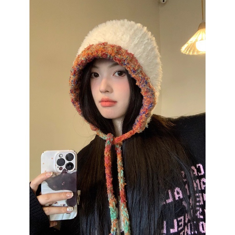 毛绒针织帽子女秋冬手工大头围包包帽加厚保暖毛茸茸显脸小护耳帽|undefined