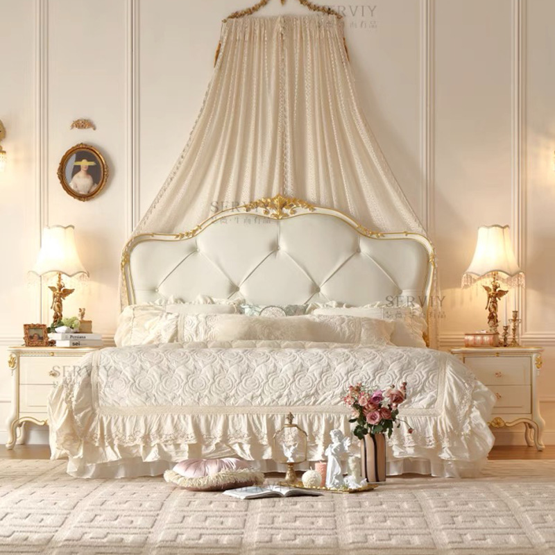 法式田园复古风真皮实木床欧式雕花别墅大平层美式主卧女儿床SE5