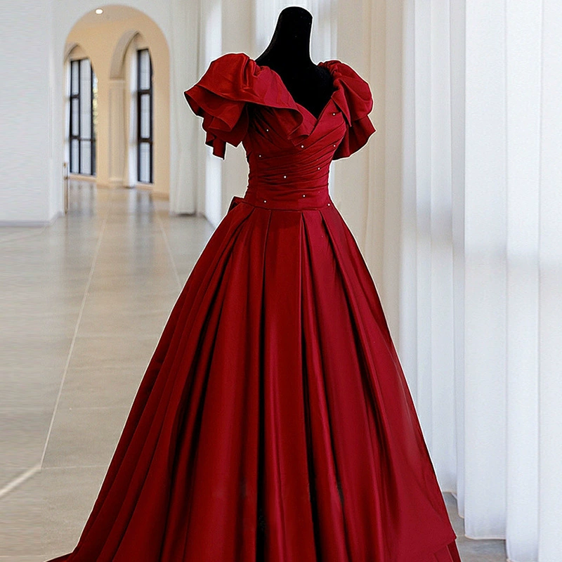 Свадебное платье для тостов, зимний стиль, закрывает руки, новое бордовое атласное свадебное платье для торжеств, с эффектом стройности.