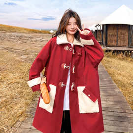 红色韩系羊羔毛外套女冬新款小个子加绒加厚中长款气质派克服棉服