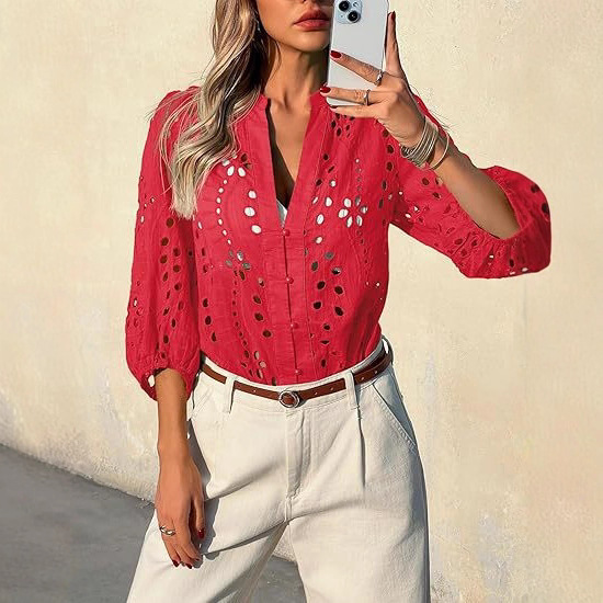 European and American Amazon 2025 Spring and Summer New Women's Tops Fashionable V Neck Lace Cut Out Embroidered Long-Sleeved Shirts for Women