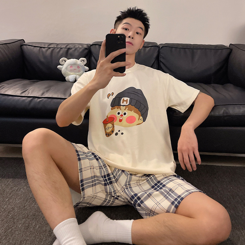 2025 New Spring and Summer plus size Teenager Plaid Short-sleeved Pajamas Men's Thin Outer Wearing Home Clothes suit