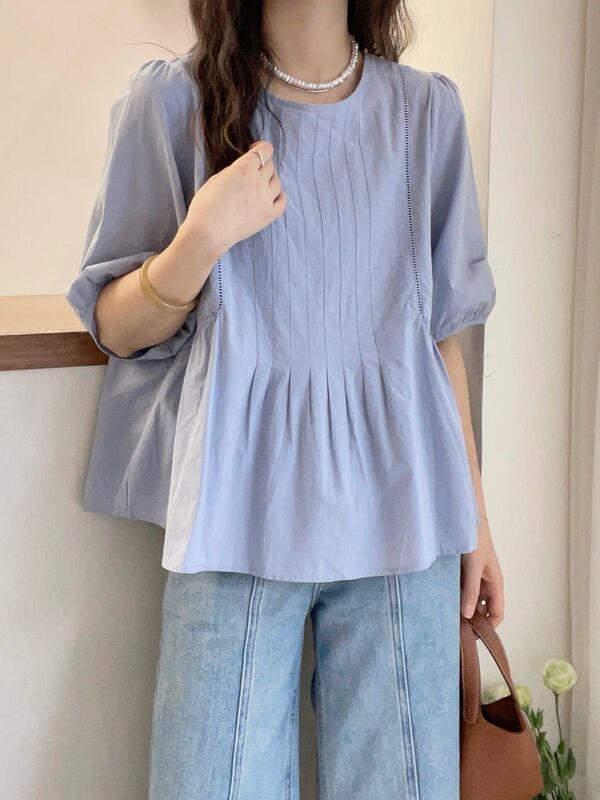 Puff Sleeve Shirt Women's Short-Sleeved Summer Wear 2026 New Style Blue Shirt Korean Style Loose Belly-Covering Top Puff Sleeve Shirt Women's Short-Sleeved Summer Wear 2026 New Style Blue Shirt Korean Style Loose Belly-Covering Top