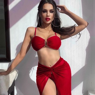 European and American Cross-border Bikini 2025 Swimsuit Split Solid Color Three-piece Bikini U-shaped Decorative Swimsuit