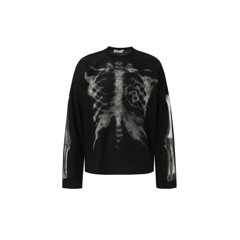 Jw327 American Retro Street Fashion Men's and Women's High-End Abstract Pattern Design Men's Waffle Long-Sleeved T-Shirt