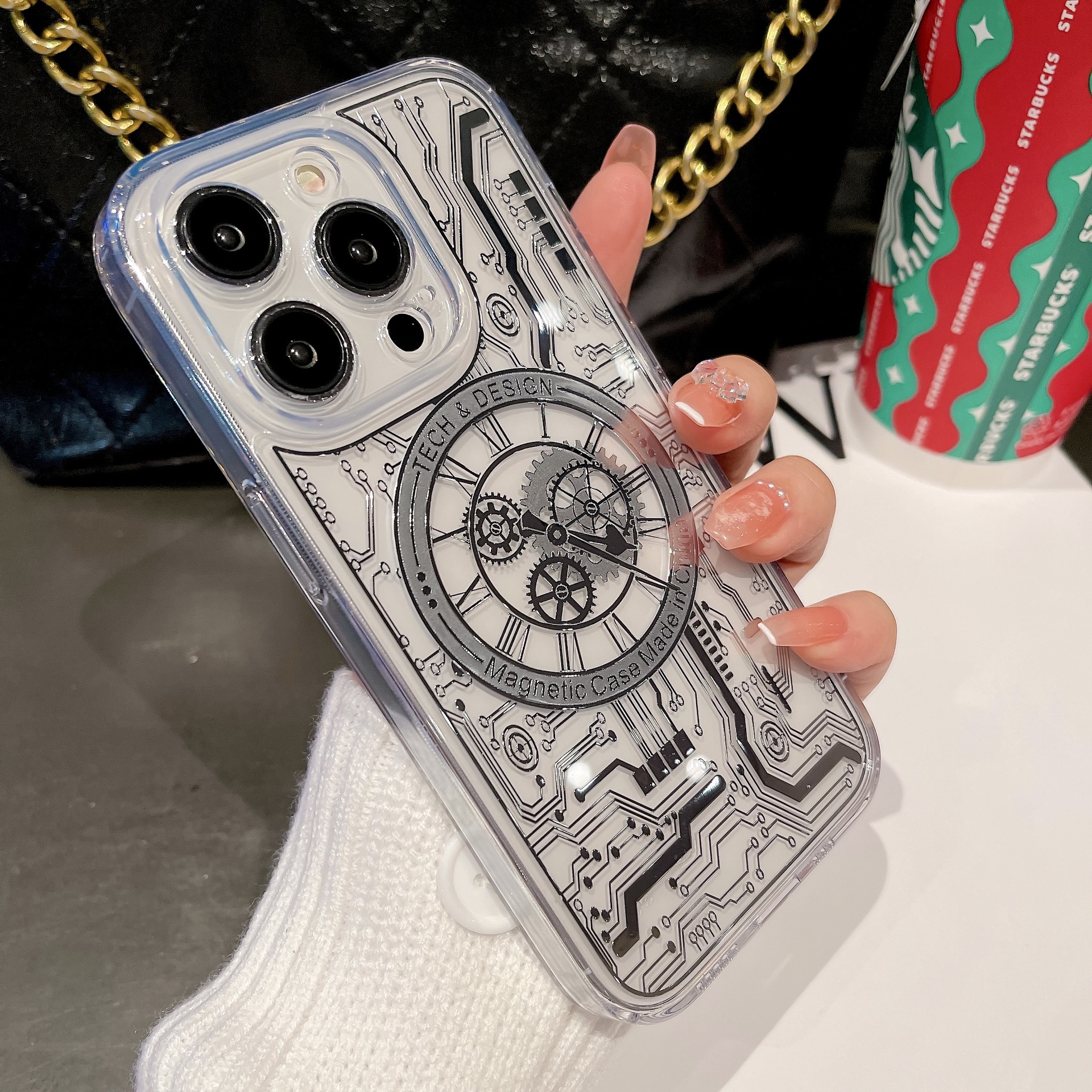 Stampaggio oro 6D Cyber ​​adatto per telefono magnetico Apple 15promax 13 Orologio meccanico trasparente Antigoccia avanzato_voghion.com