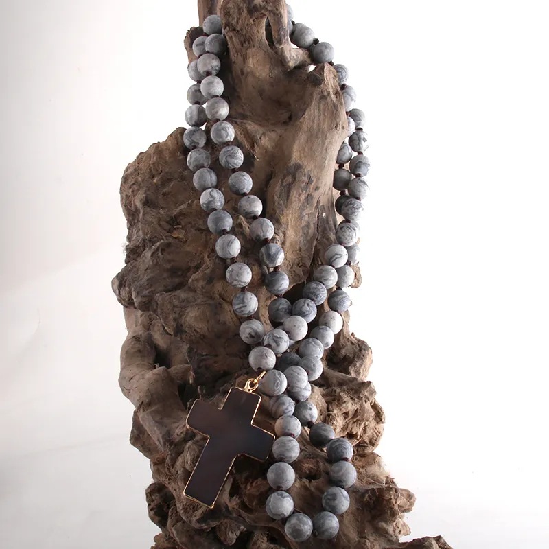 85g Weight Long Necklace Classification Natural Stone Chain Material Beaded Chain Chain Type 1 Piece Quantity Family Gathering, Date, Tea Party Occasion natural stone Material Cross Pattern Unisex Gender Bohemian Style Bohemian Cross Natural Stone Beaded Chain Long Necklace In Bulk 8