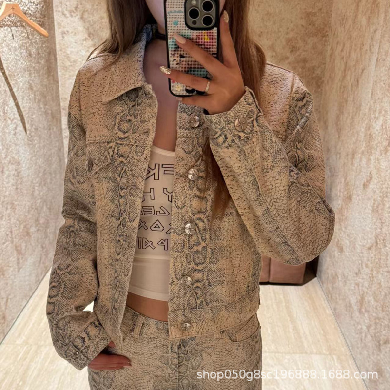 SMFK十字永恒修身牛仔夹克修身蛇纹迷彩丹宁风纽扣上衣外套女25秋|undefined