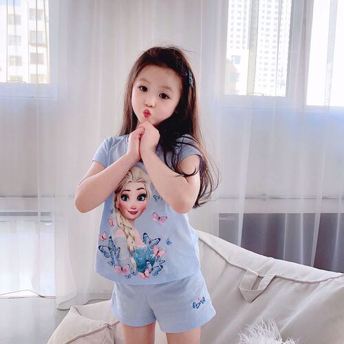 Summer girls' cotton pajamas 2024 new medium and large children's thin home clothes children's girls Elsa short-sleeved suit