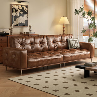 # Italian Minimalist Sofa Light Luxury Retro Oil Wax Leather Three-person Modern Living Room Small Apartment Antique Sofa
