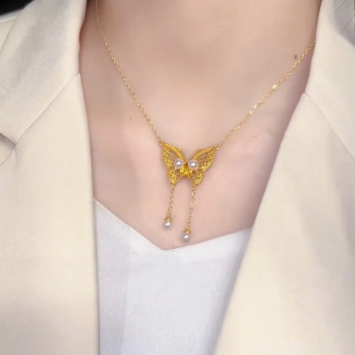 法式氣質百搭磁吸蝴蝶項鍊女小眾設計感珍珠鎖骨鏈頸鏈脖子飾品