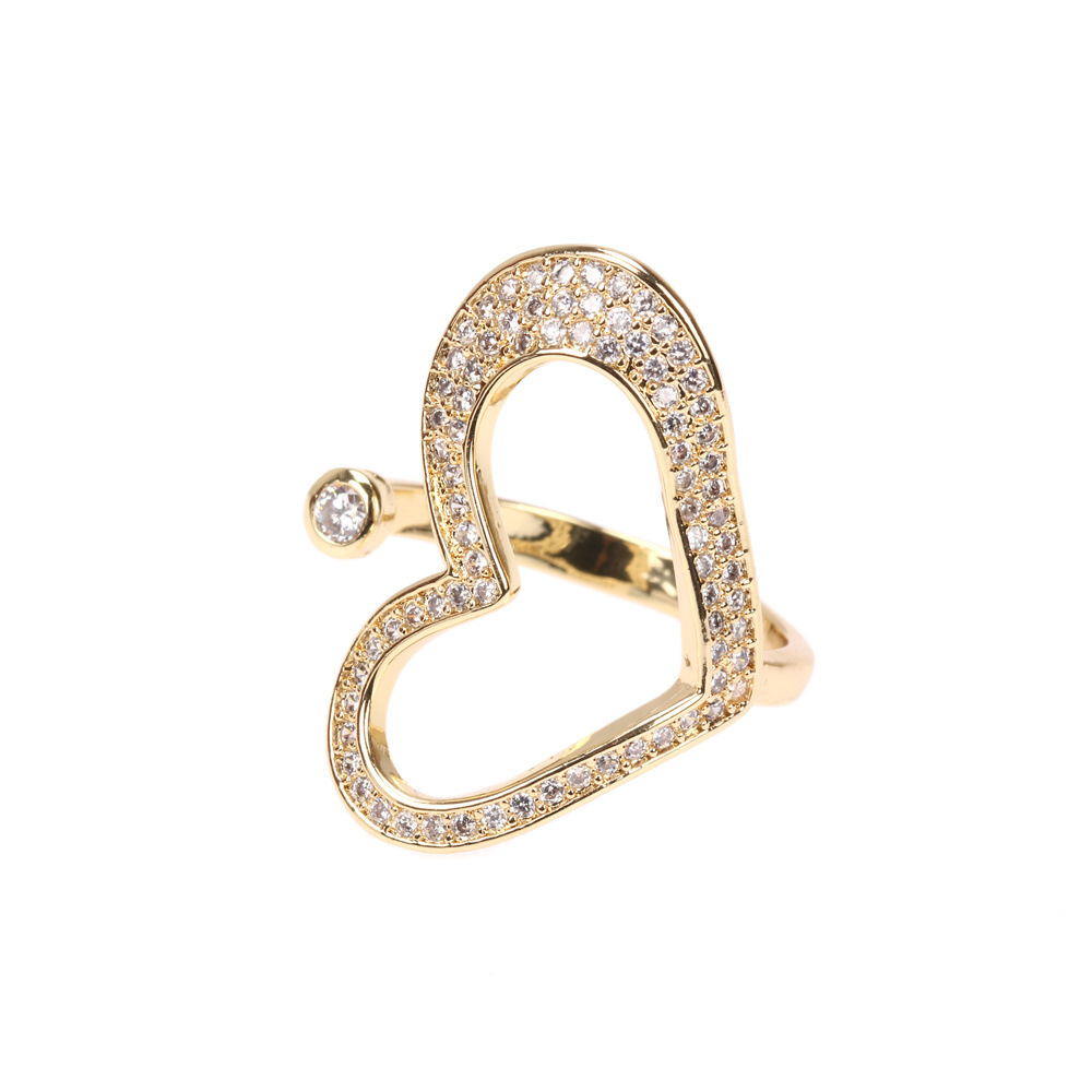 Jewelry Inlaid Micro Zircon Heart Ring Tide Copper Gold-plated Design Open Ring display picture 4