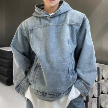 做旧水洗连帽牛仔卫衣男女秋季美式复古街头风宽松情侣外套夹克男
