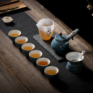 霁蓝功夫茶具套装瓷镶银茶具家用侧把茶壶玻璃茶杯银饰茶道礼品盒