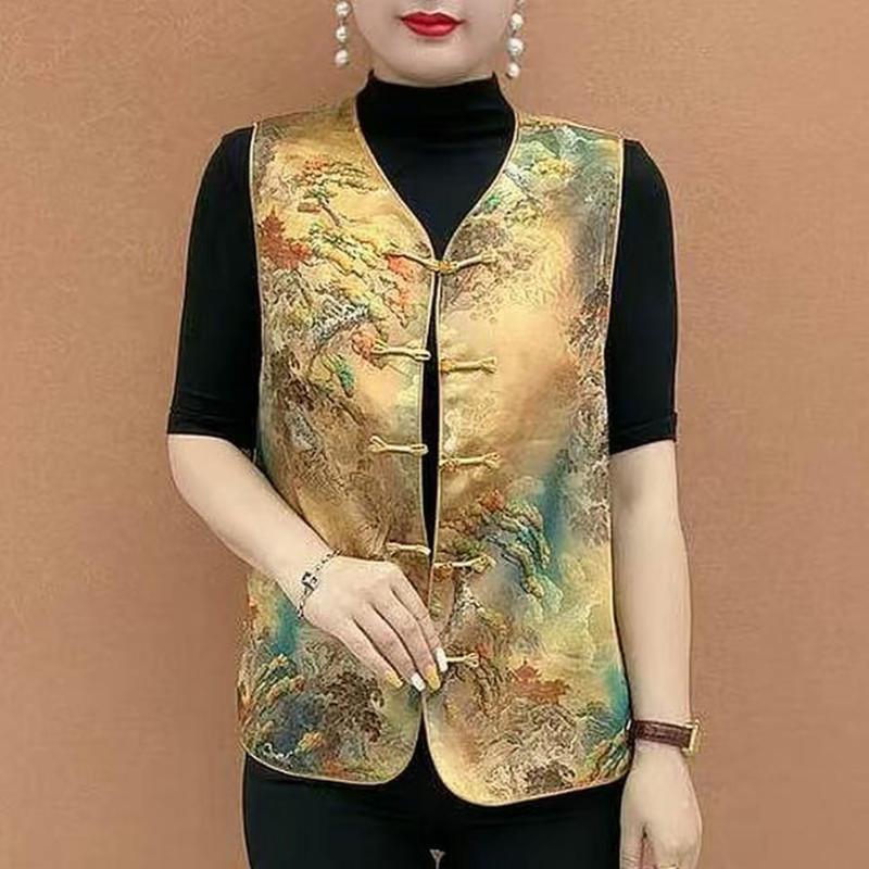 中式国风气质马甲时尚复古提花坎肩背心盘扣女装新款无袖|undefined