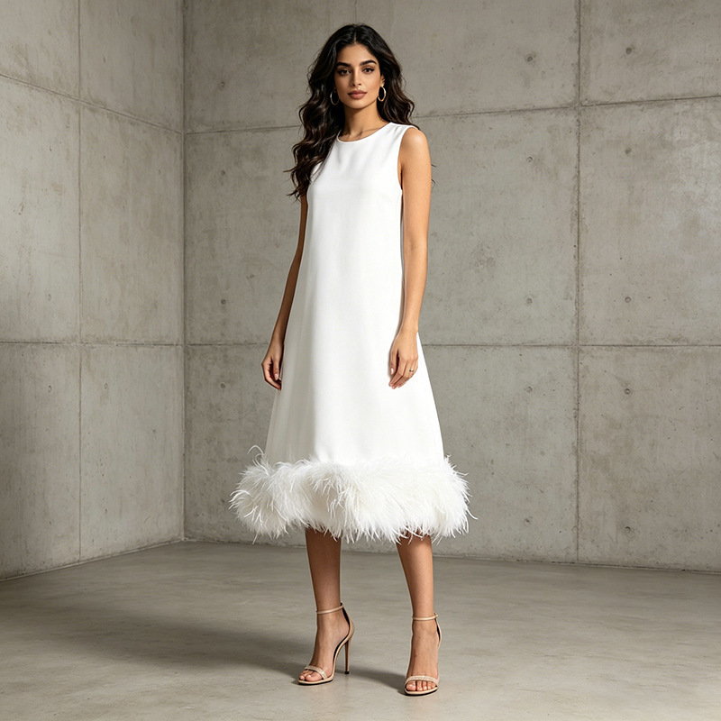 Niche Design Sleeveless Solid Color Long Dress 2026 New Fashion Round Neck Tie Hem Feather Splicing Dress for Women Niche Design Sleeveless Solid Color Long Dress 2026 New Fashion Round Neck Tie Hem Feather Splicing Dress for Women