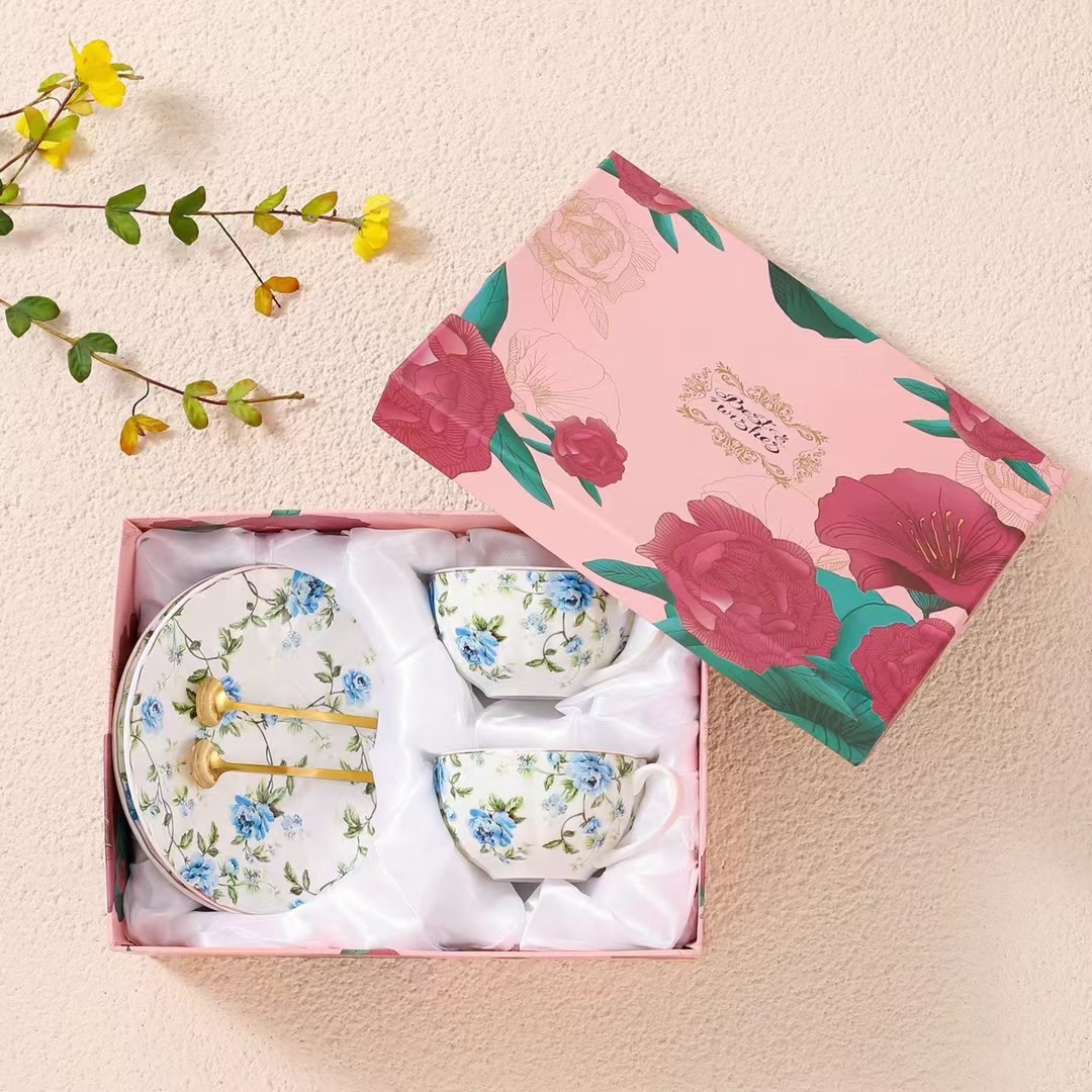Caja de regalo azul de 2 tazas y 2 platos