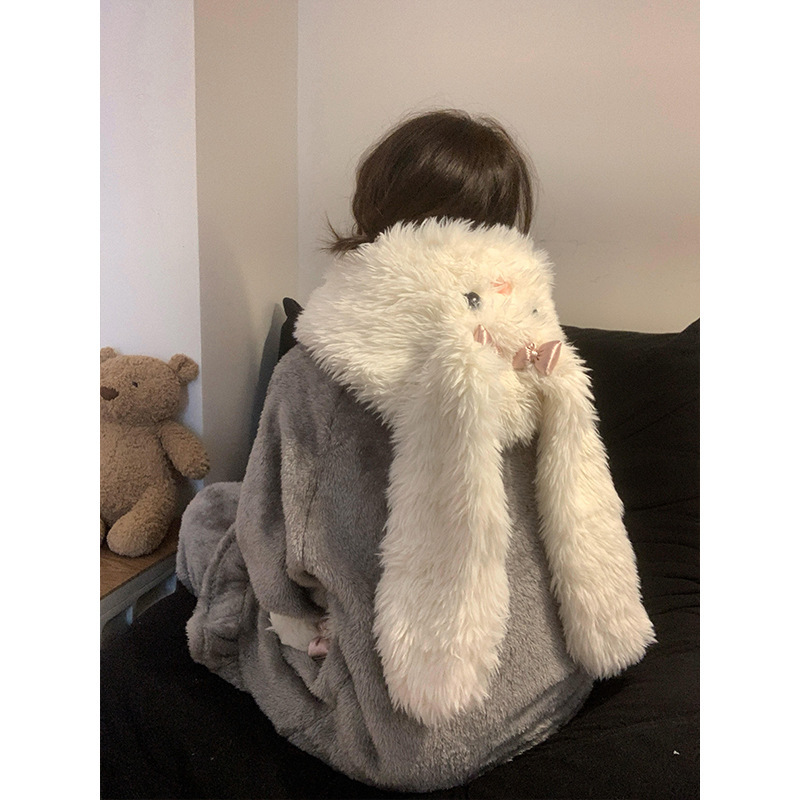 甜美软萌系兔耳朵连帽珊瑚绒睡衣女秋冬季毛绒绒保暖家居服两件套|undefined