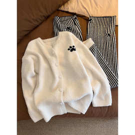 ins风少女休闲开衫半边绒睡衣女秋冬季新款家居服条纹长裤两件套