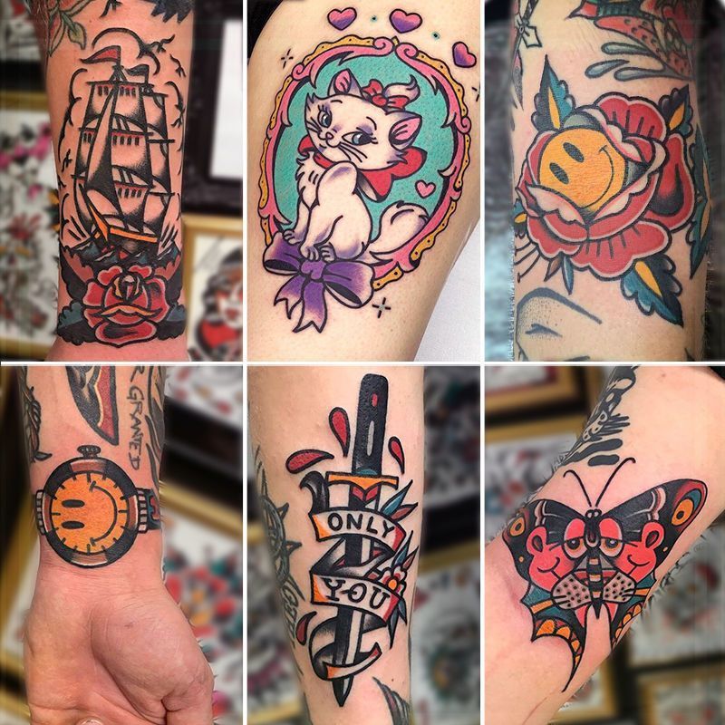 oldschool Cartoon Cute Small Tattoo Sticker Waterproof Women's Lasting Simulation Splicing Flower Arm Ins Style Dark Style