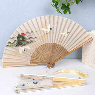 Silk Art Hall Crane silk folding fan women's portable Chinese style women's fan abroad gift fan craft women's fan antique style