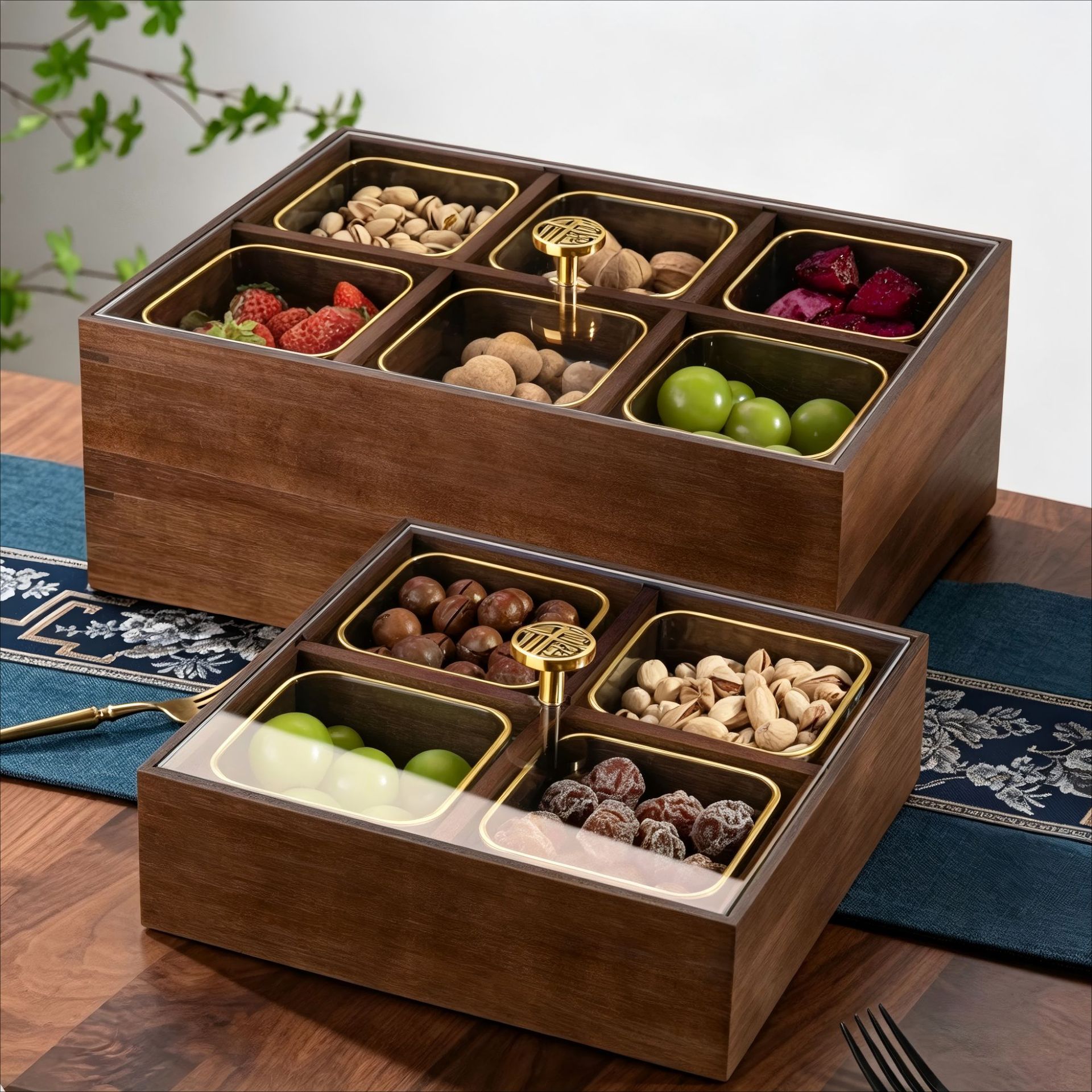 Nueva caja de frutas secas de madera china, caja de almacenamiento de bocadillos de nueces, bandeja de frutas dividida, bandeja de dulces doméstica de nueva casa