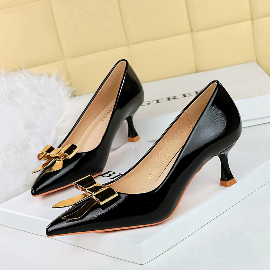 1961-K68 Fashion Pointed Toe Stiletto Heel Women's Metal Bow Patent Leather Shiny Single Shoes Shallow Comfortable Low_vogvips.com