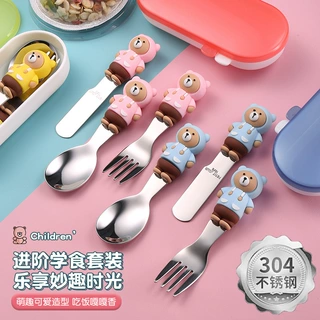304卡通小熊餐具学生外带便携式盒装餐具不锈钢儿童高颜值餐具套