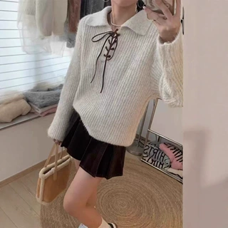 高级感洋气绑带半开领女式毛衣2025秋冬季新款polo领慵懒风针织衫