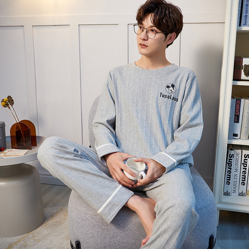Jiao Caimeng pijamas de los hombres de primavera y otoño de algodón de manga larga traje de dos piezas más el tamaño suelto de los hombres jóvenes ropa de casa casual