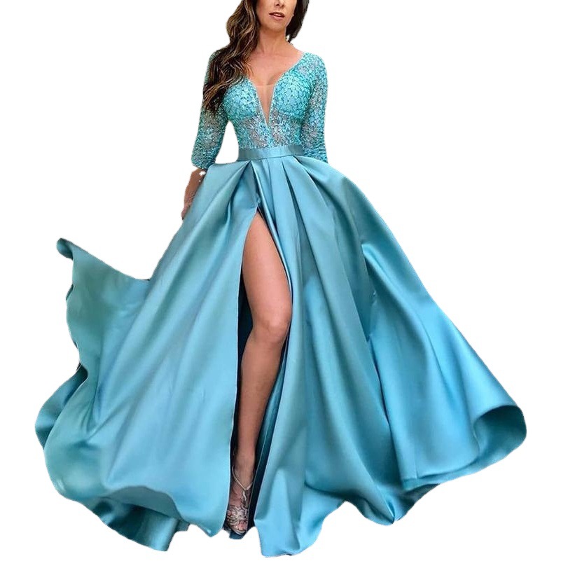Vestido largo sexy con cola para fiesta de noche, de encaje y lentejuelas, con doble vuelo amplio, de la nueva colección europea y americana de moda femenina independiente para comercio exterior, 2025.