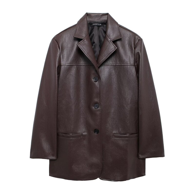 brown Single-breasted Women's Old Money Style Imitation Leather Suit 2024 Winter Boyfriend Style Loose Long-sleeved PU Jacket