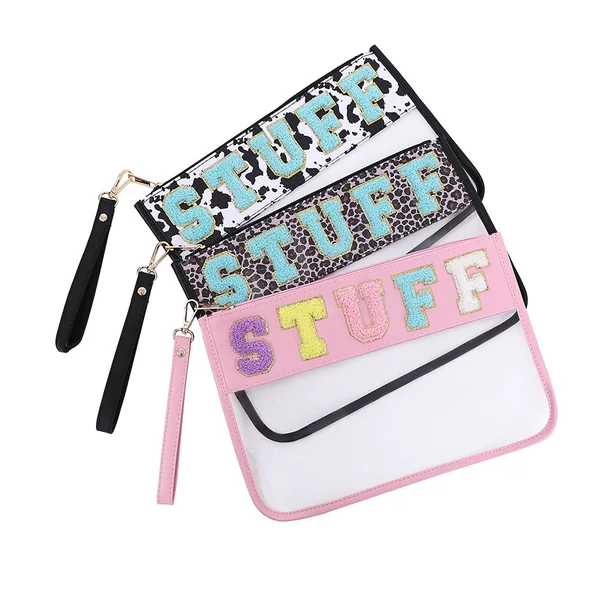 Cross-Border New Chenille Letter Embroidery Transparent Pvc Storage Bag, High-Value Portable Toiletry Storage Bag