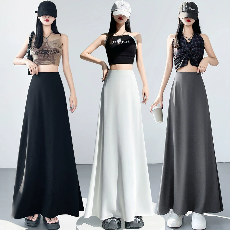 Настоящая фотография женской юбки из ледяного шелка, лето 2025, с высокой талией, утягивающая драпированная юбка средней длины, трапециевидной формы, с большим подолом, юбка-зонтик