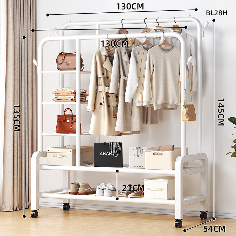 바퀴 달린 130cm 화이트 [양쪽 행거 * 측면 수납망 + 2단 선반] 4개 걸이