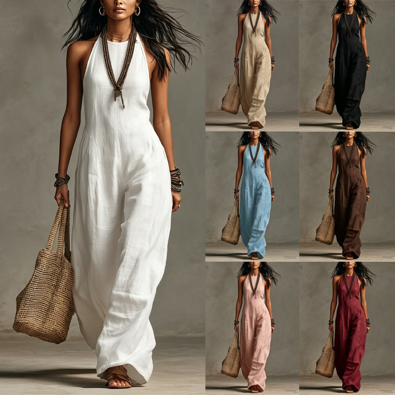 2026 New European and American Fashion Textured Commuter Round-Neck Sleeveless Faux Linen Jumpsuit Women's Summer High-End Cross-Border 2026 New European and American Fashion Textured Commuter Round-Neck Sleeveless Faux Linen Jumpsuit Women's Summer High-End Cross-Border