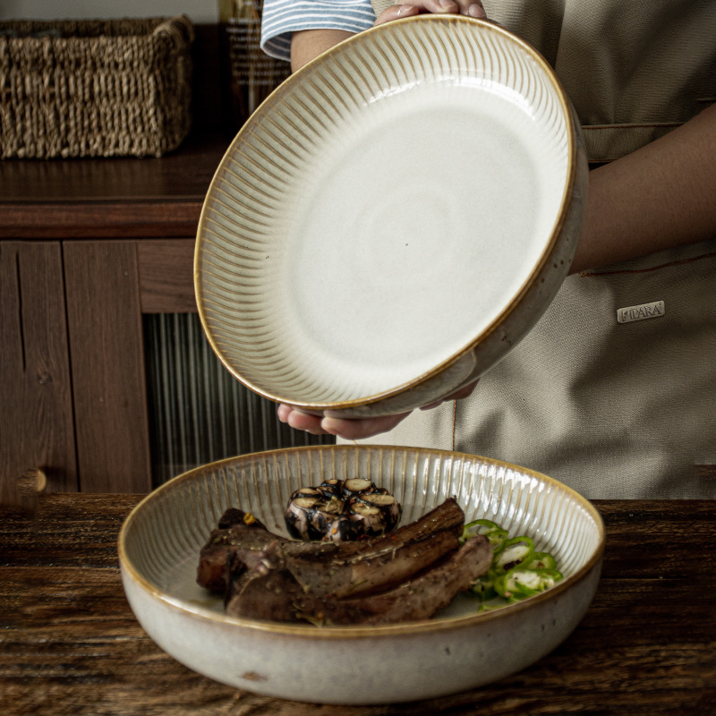 Estilo nórdico estilo japonés patrón vertical relieve plato profundo vajilla de cerámica para el hogar gruesa plato grande plato de ensalada de frutas al por mayor