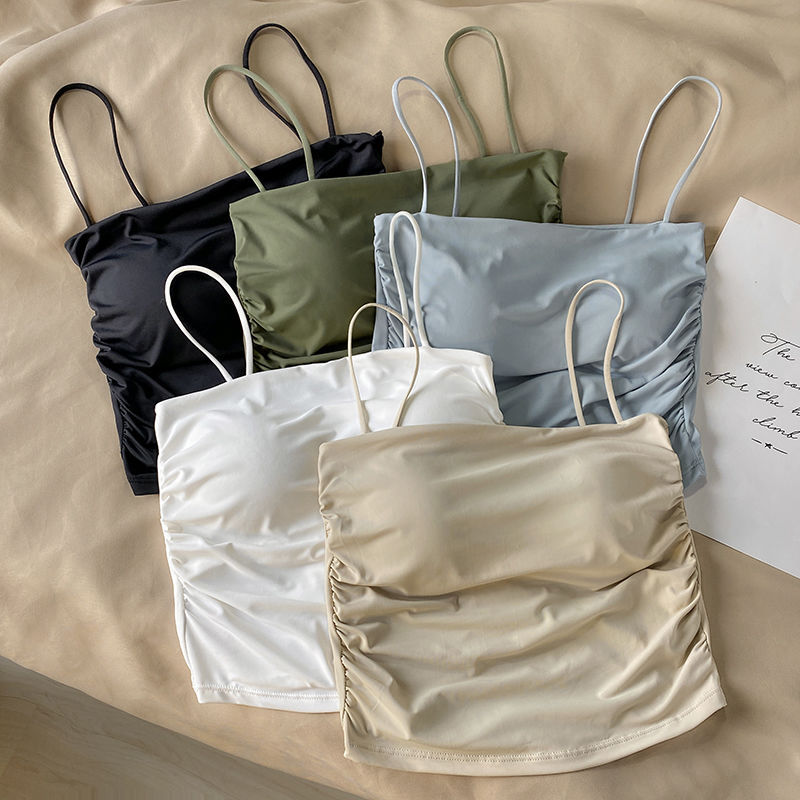 Ice Silk Pleated Camisole for Women with Breast Pads and Inner Design, Slimming Sleeveless Top for Women in Summer