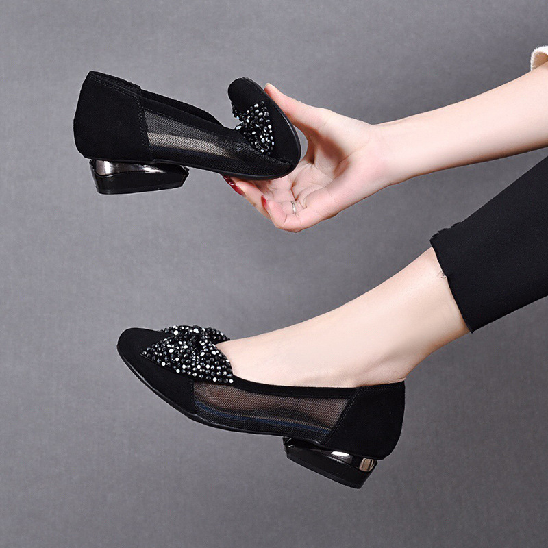 Sandal nữ đế bệt da thật mũi tròn gót vuông quai chữ V nơ bướm thoáng khí — Màu đen