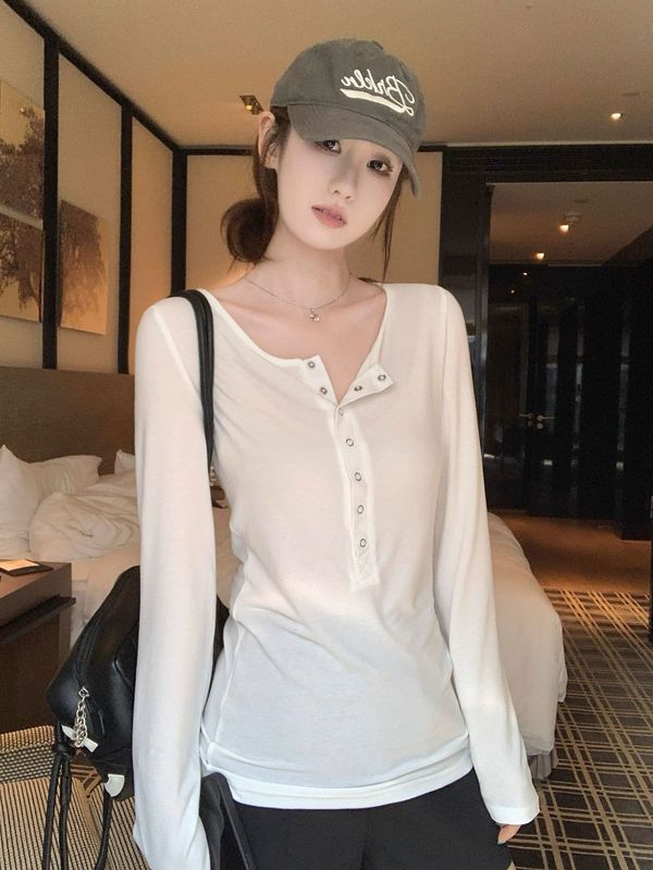 韩系慵懒风白色T恤女秋冬季新款休闲修身显瘦内搭打底衫长袖上衣|undefined